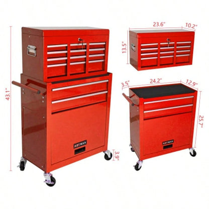 High Capacity Rolling Chest with Wheels and Drawers, 8 - Drawer Storage Cabinet - RED