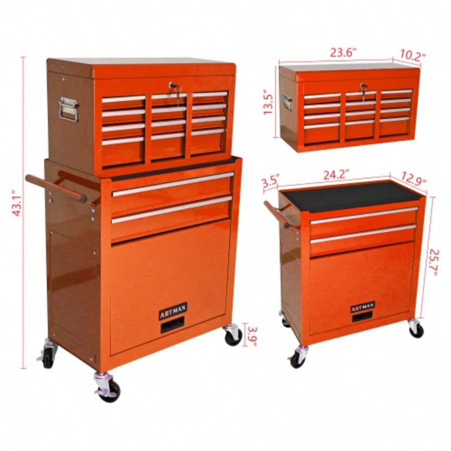 High Capacity Rolling Chest with Wheels and Drawers, 8 - Drawer Storage Cabinet - ORANGE