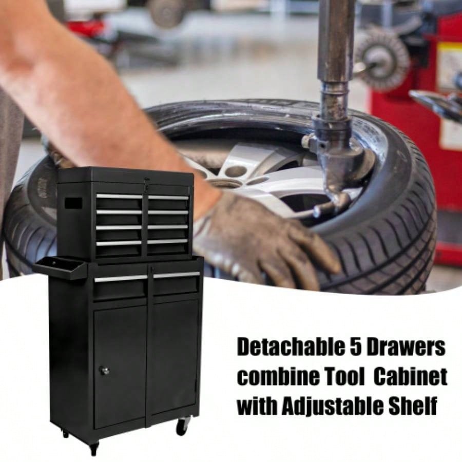 Rolling Chest, 5 - Drawer Box Organizer/Lockable Wheels Sliding Drawers Detachable Top Adjustable Shelf, Storage Cabinet Garage WorkshopBLACK