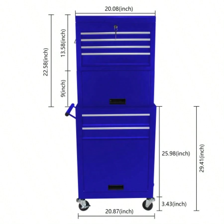 Cabinet on Wheels, 6 - Drawer Lockable Rolling Chest/ 4 Universal Wheels, 2 in 1 Detachable Box Storage Organizer Garage Workshop Repair Shop, BLUE