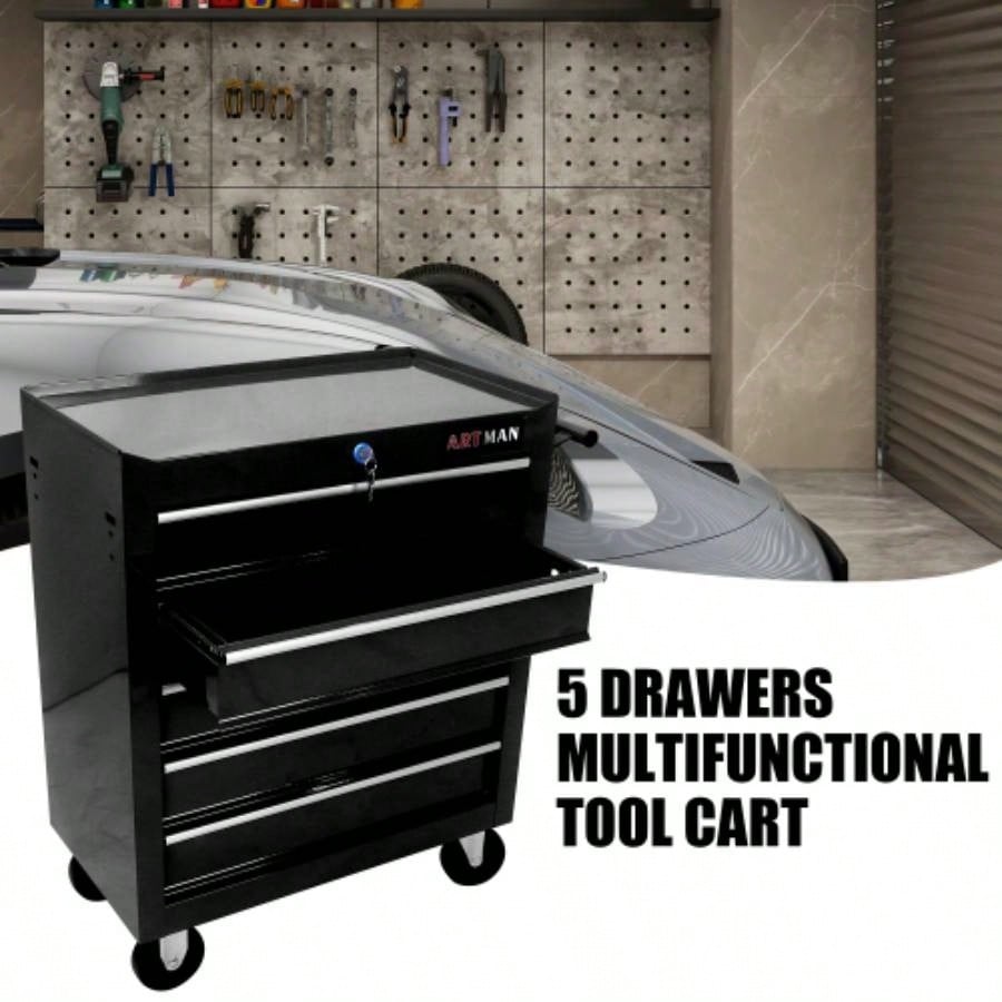 5 Drawer Chest, Storage Cabinet Garage Storage with 4 Wheels and Locking System, BLACK