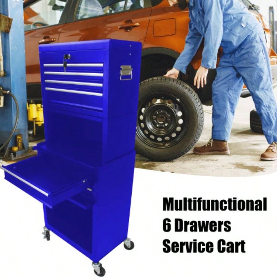 Cabinet on Wheels, 6 - Drawer Lockable Rolling Chest/ 4 Universal Wheels, 2 in 1 Detachable Box Storage Organizer Garage Workshop Repair Shop, BLUE
