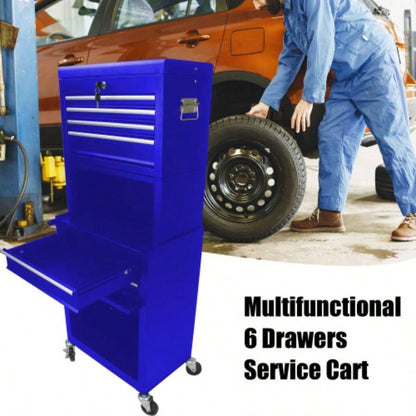 Cabinet on Wheels, 6 - Drawer Lockable Rolling Chest/ 4 Universal Wheels, 2 in 1 Detachable Box Storage Organizer Garage Workshop Repair Shop, BLUE