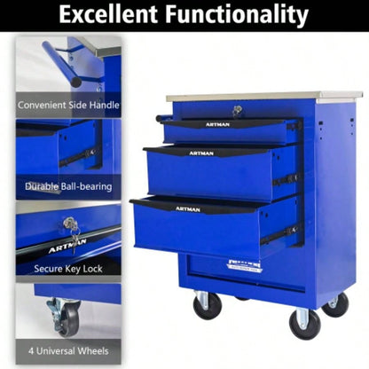 4 Drawers Multifunctional Cart with Wheels, Metal Rolling Cart Storage Garage Workshop Warehouse Repair Shop - With Stainless Steel Roof - BLACKBLUE