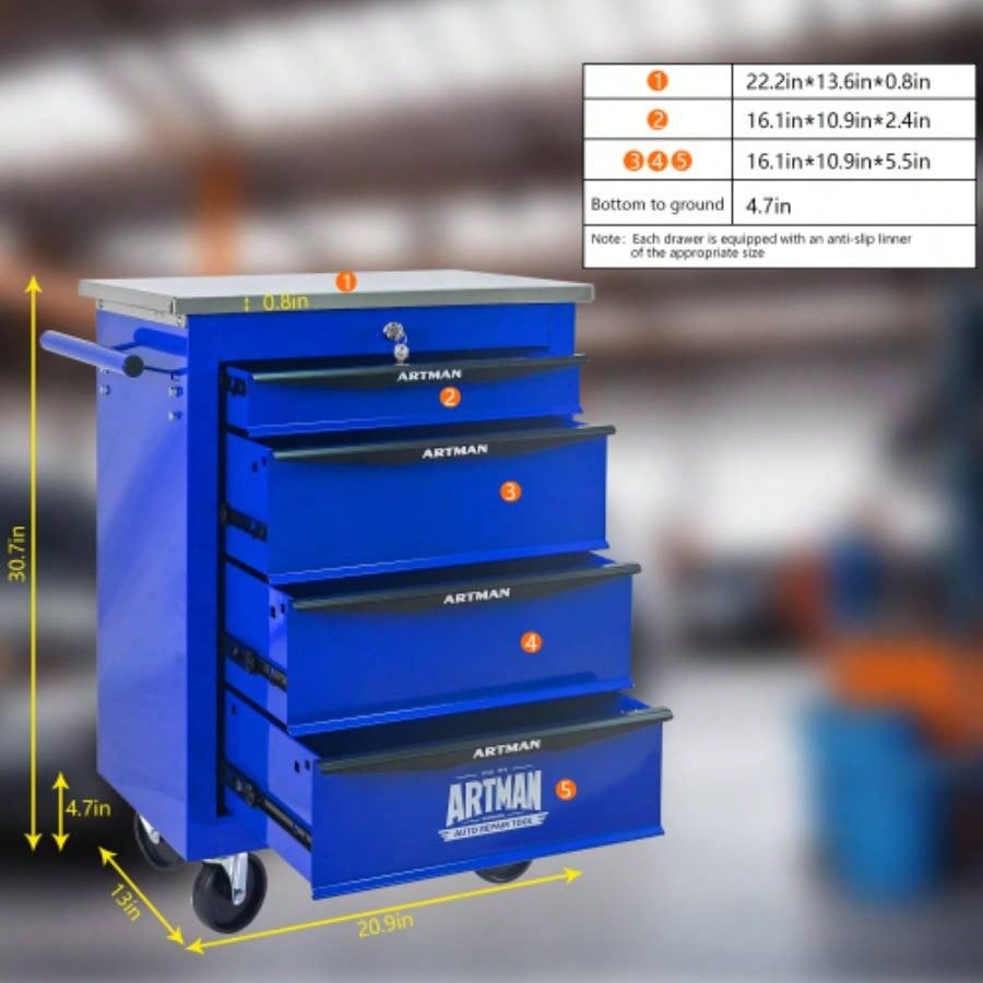4 Drawers Multifunctional Cart with Wheels, Metal Rolling Cart Storage Garage Workshop Warehouse Repair Shop - With Stainless Steel Roof - BLACKBLUE