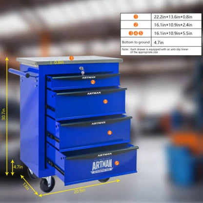 4 Drawers Multifunctional Cart with Wheels, Metal Rolling Cart Storage Garage Workshop Warehouse Repair Shop - With Stainless Steel Roof - BLACKBLUE