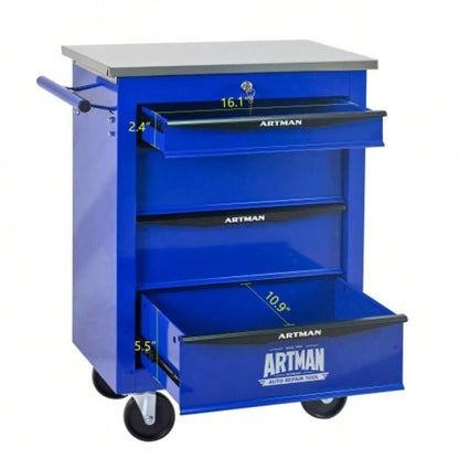 4 Drawers Multifunctional Cart with Wheels, Metal Rolling Cart Storage Garage Workshop Warehouse Repair Shop - With Stainless Steel Roof - BLACKBLUE