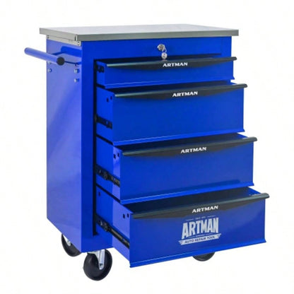 4 Drawers Multifunctional Cart with Wheels, Metal Rolling Cart Storage Garage Workshop Warehouse Repair Shop - With Stainless Steel Roof - BLACKBLUE