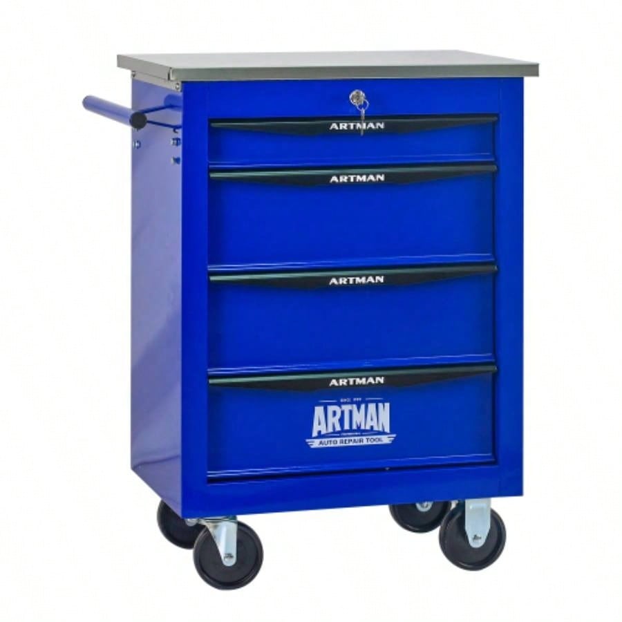 4 Drawers Multifunctional Cart with Wheels, Metal Rolling Cart Storage Garage Workshop Warehouse Repair Shop - With Stainless Steel Roof - BLACKBLUE