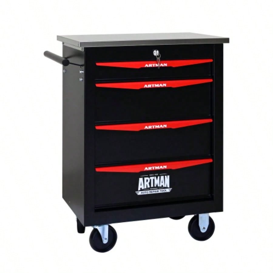 4 Drawers Multifunctional Cart with Wheels, Metal Rolling Cart Storage Garage Workshop Warehouse Repair Shop - With Stainless Steel Roof - BLACKBLUE