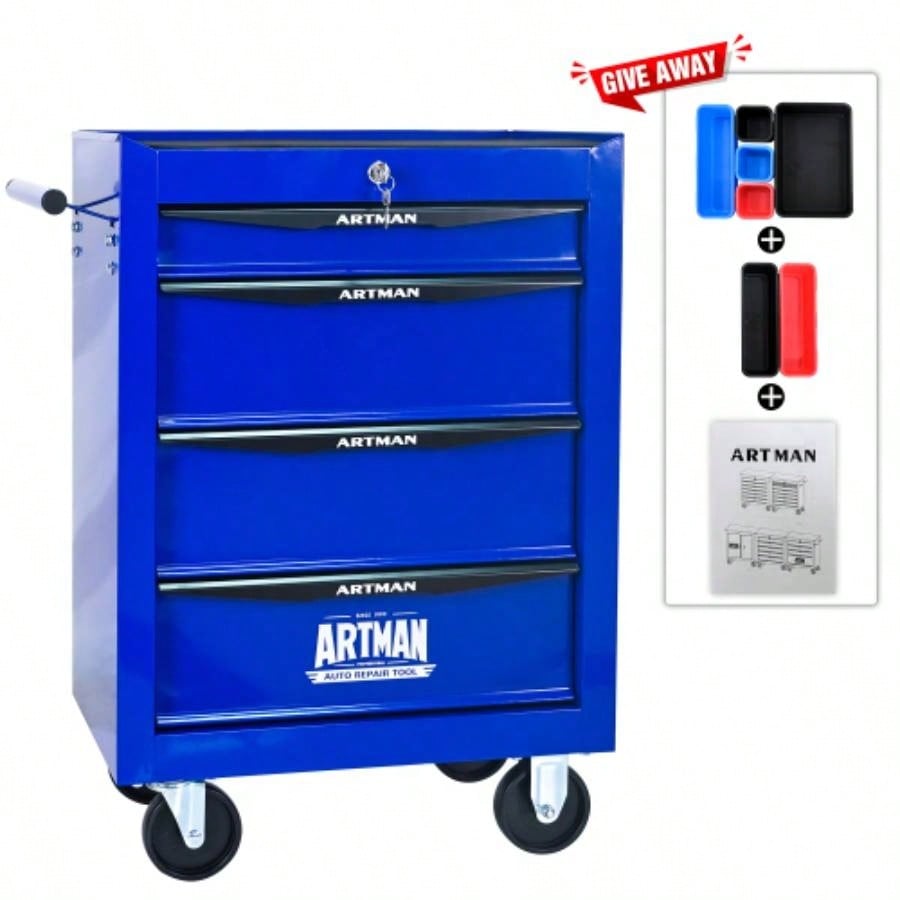 Rolling Metal Chest with 4 Drawers, 20 4 - Drawer Chest Cabinet with Ball Bearing Drawer Slides, Steel Storage Box Organizer - BLACKBLUE