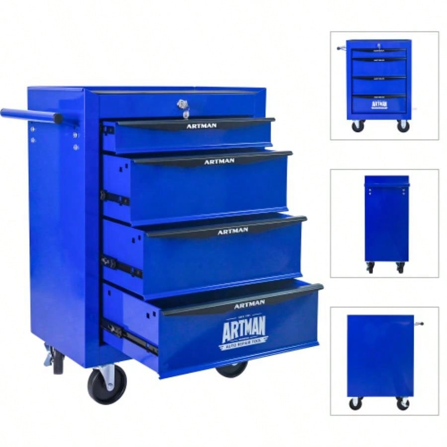 Rolling Metal Chest with 4 Drawers, 20 4 - Drawer Chest Cabinet with Ball Bearing Drawer Slides, Steel Storage Box Organizer - BLACKBLUE