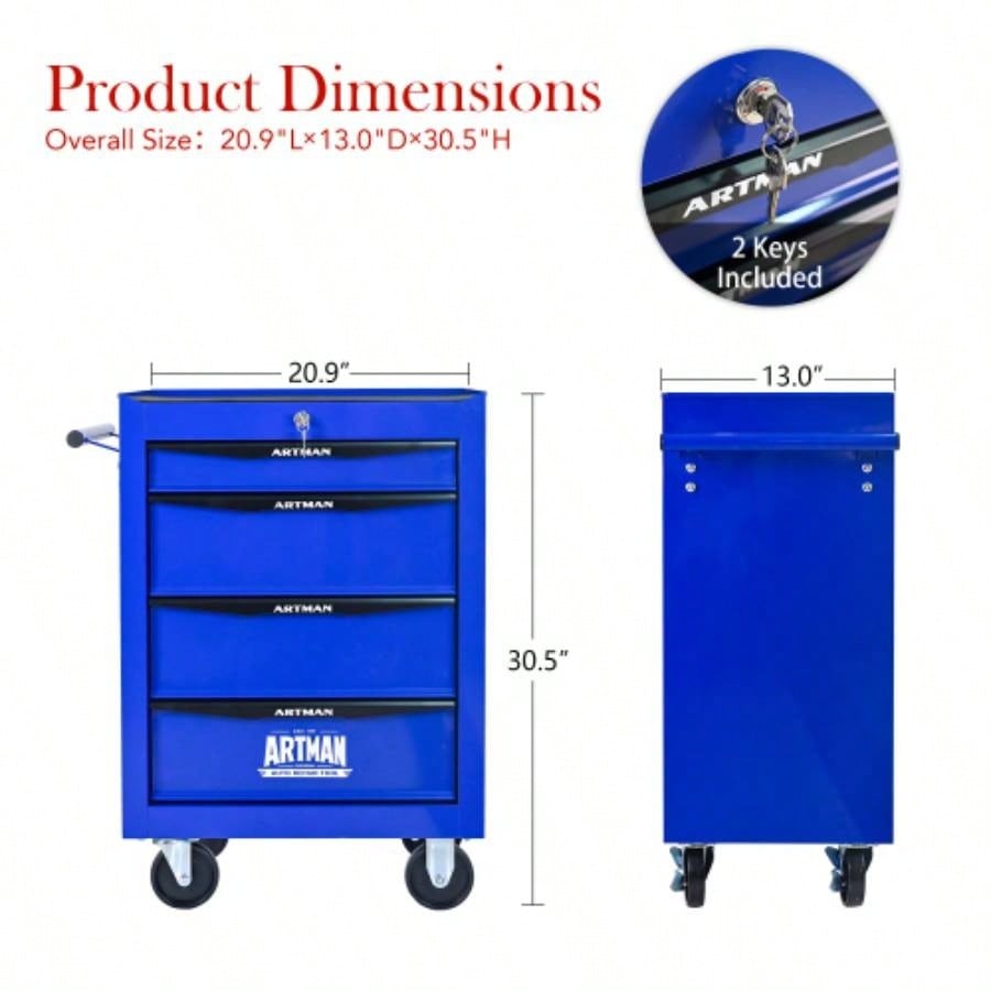 Rolling Metal Chest with 4 Drawers, 20 4 - Drawer Chest Cabinet with Ball Bearing Drawer Slides, Steel Storage Box Organizer - BLACKBLUE