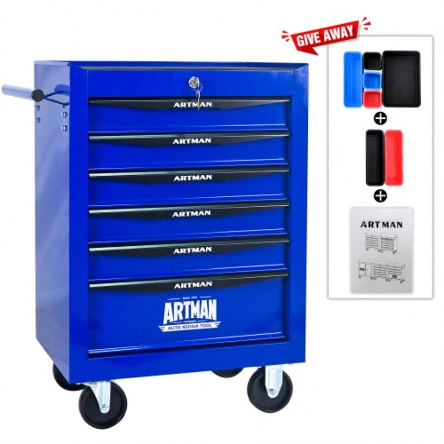 Rolling Metal Chest with 6 Drawers, 20 6 - Drawer Chest Cabinet with Ball Bearing Drawer Slides, Steel Storage Box Organizer - BLACKBLUE