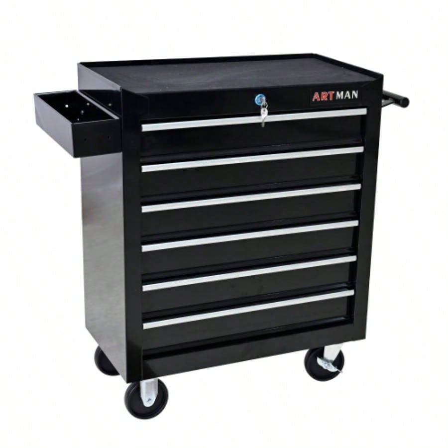 Rolling Chest, 6 Drawer Box with Wheels, Heavy Duty Industrial Service Cart Storage Organizer with Locking System, Rolling Box Organizer Garage, Repair Shop - BLACK