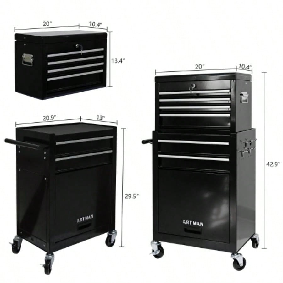 High Capacity Rolling Chest with Wheels and Drawers, 6 - Drawer Storage Cabinet - BLACK