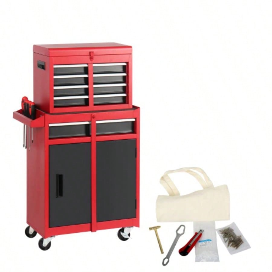 Chest, 5 - Drawer Rolling Storage Cabinet with Detachable Top Box, Liner, Universal Lockable Wheels, Adjustable Shelf, Locking Mechanism, Metal Cart, 154pcs tools
