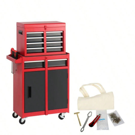 Chest, 5 - Drawer Rolling Storage Cabinet with Detachable Top Box, Liner, Universal Lockable Wheels, Adjustable Shelf, Locking Mechanism, Metal Cart, 154pcs tools