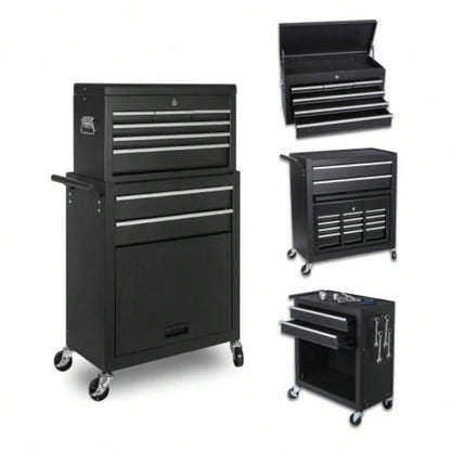 Chest, 8 - Drawer Rolling Storage Cabinet with 2 in 1 Detachable Top Box, Liner, Lockable Wheels, Side Hooks, Locking Mechanism, Metal Cart Garage