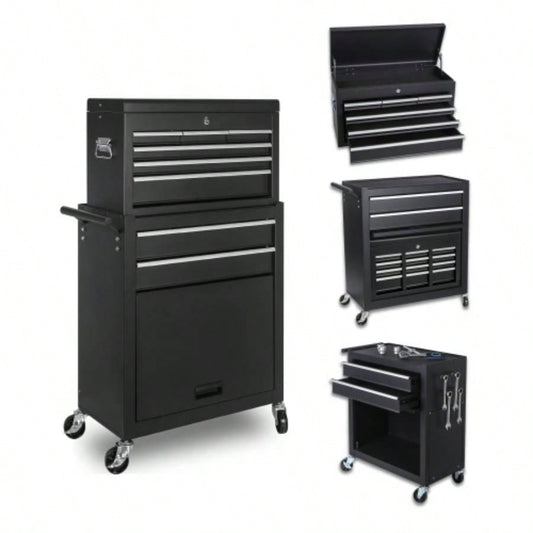 Chest, 8 - Drawer Rolling Storage Cabinet with 2 in 1 Detachable Top Box, Liner, Lockable Wheels, Side Hooks, Locking Mechanism, Metal Cart Garage