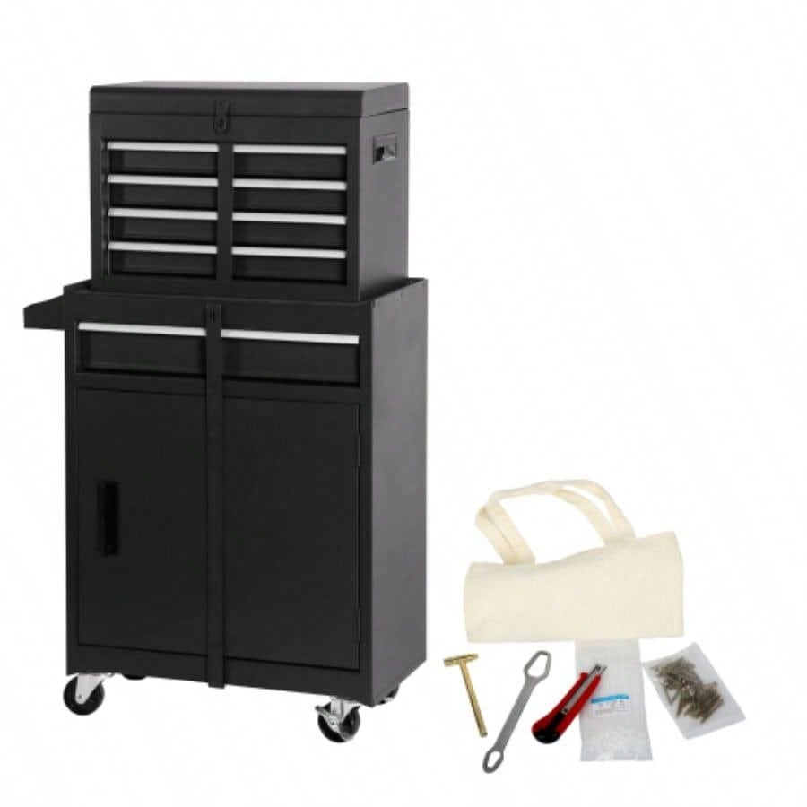 Chest, 5 - Drawer Rolling Storage Cabinet with Detachable Top Box, Liner, Universal Lockable Wheels, Adjustable Shelf, Locking Mechanism, Metal Cart, 154pcs tools
