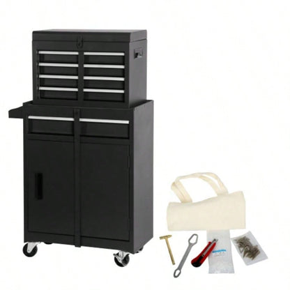 Chest, 5 - Drawer Rolling Storage Cabinet with Detachable Top Box, Liner, Universal Lockable Wheels, Adjustable Shelf, Locking Mechanism, Metal Cart, 154pcs tools