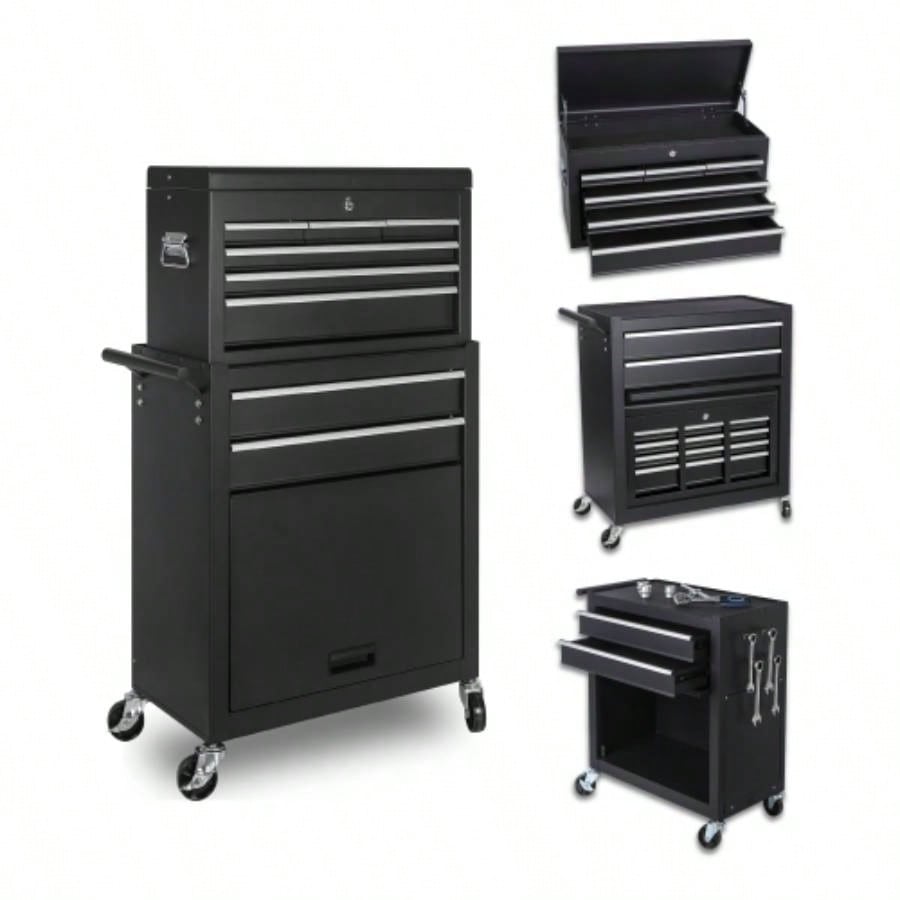 Chest, 8 - Drawer Rolling Storage Cabinet with 2 in 1 Detachable Top Box, Liner, Lockable Wheels, Side Hooks, Locking Mechanism, Metal Cart Garage