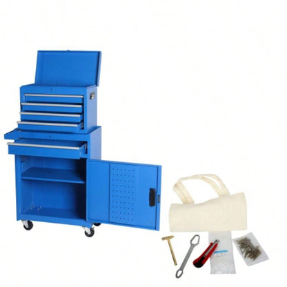 Chest, 5 - Drawer Rolling Storage Cabinet with Detachable Top Box, Liner, Universal Lockable Wheels, Adjustable Shelf, Locking Mechanism, Metal Cart, 154pcs tools