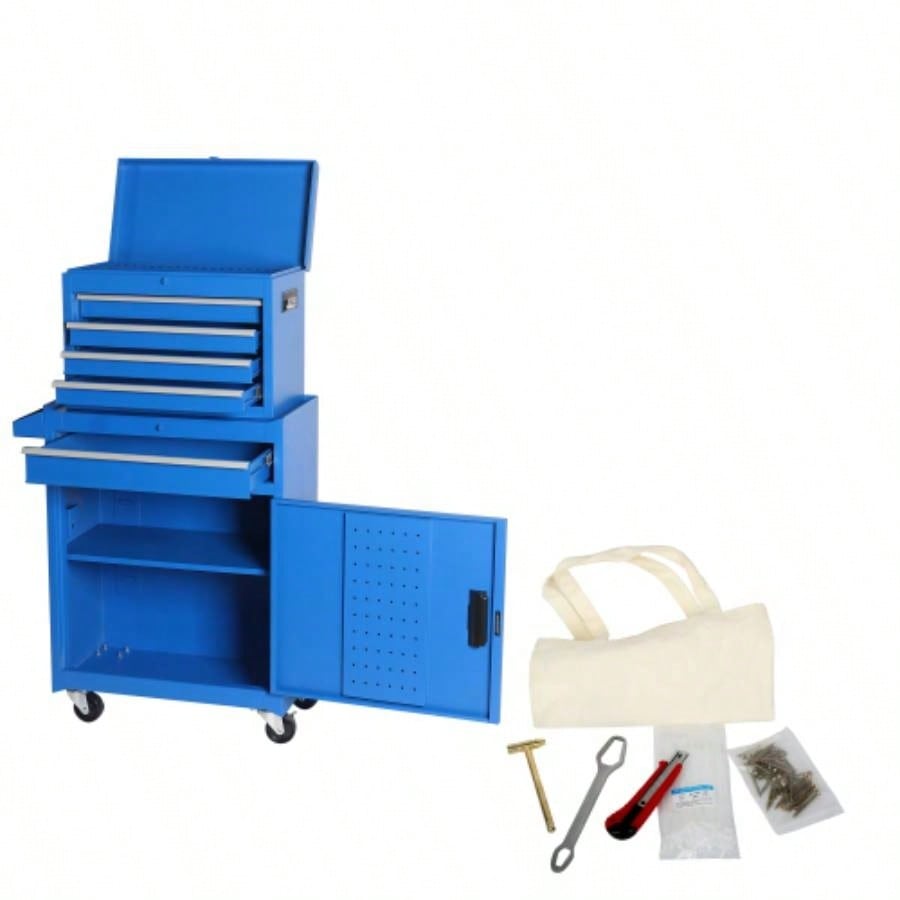 Chest, 5 - Drawer Rolling Storage Cabinet with Detachable Top Box, Liner, Universal Lockable Wheels, Adjustable Shelf, Locking Mechanism, Metal Cart, 154pcs tools