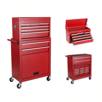 Chest, 8 - Drawer Rolling Storage Cabinet with 2 in 1 Detachable Top Box, Liner, Lockable Wheels, Side Hooks, Locking Mechanism, Metal Cart Garage
