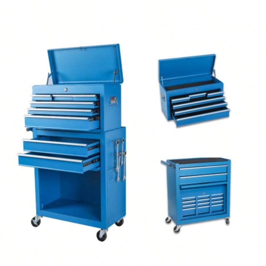 Chest, 8 - Drawer Rolling Storage Cabinet with 2 in 1 Detachable Top Box, Liner, Lockable Wheels, Side Hooks, Locking Mechanism, Metal Cart Garage
