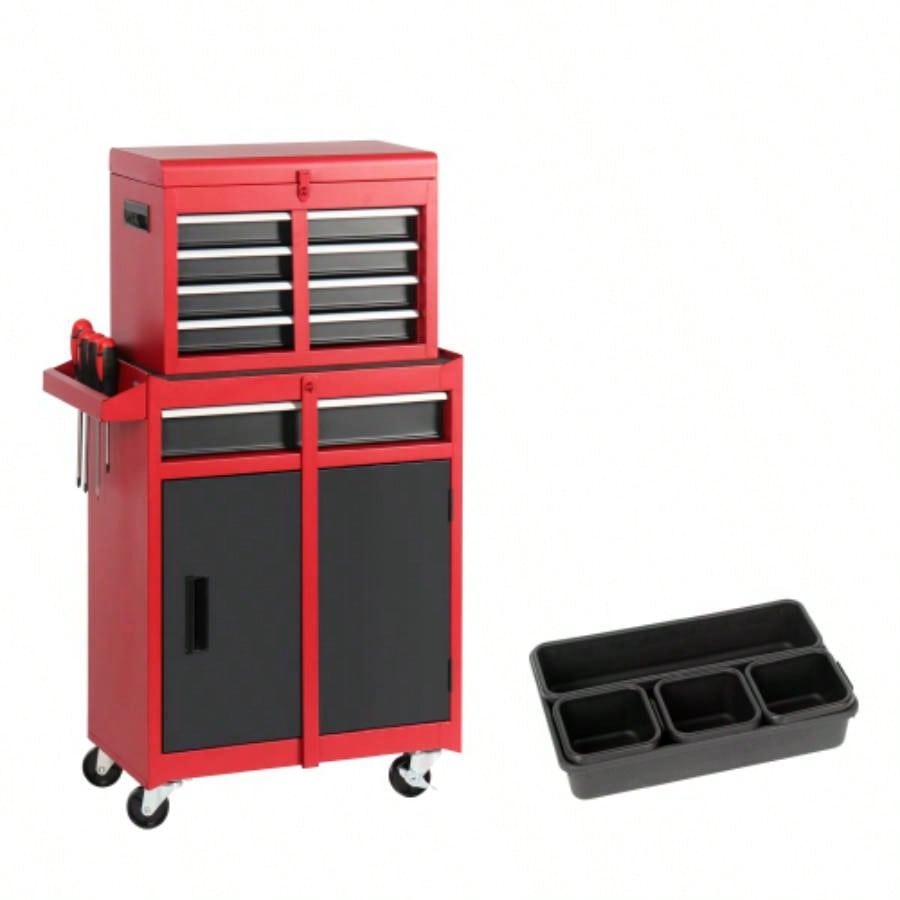 Chest, 5 - Drawer Rolling Storage Cabinet with Detachable Top Box, Liner, Universal Lockable Wheels, Adjustable Shelf, Locking Mechanism, Metal Cart, with 5pcs plastic tray