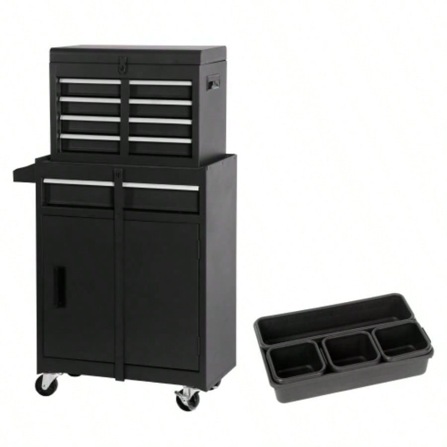 Chest, 5 - Drawer Rolling Storage Cabinet with Detachable Top Box, Liner, Universal Lockable Wheels, Adjustable Shelf, Locking Mechanism, Metal Cart, with 5pcs plastic tray