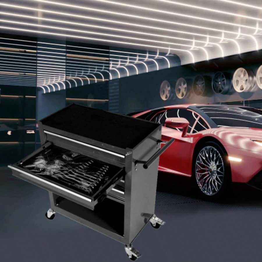 4 - Drawer Rrolling Box, 24.4 With 4 Wheels and Drawers With Tools, Garage, Warehouse, Workshop, Shop, BLACK