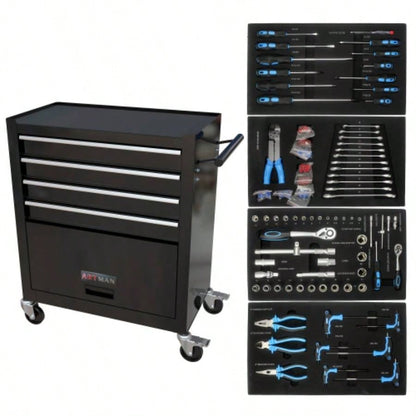 4 - Drawer Rrolling Box, 24.4 With 4 Wheels and Drawers With Tools, Garage, Warehouse, Workshop, Shop, BLACK