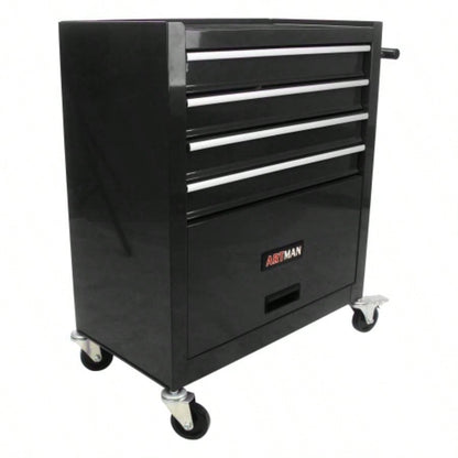 4 - Drawer Rrolling Box, 24.4 With 4 Wheels and Drawers With Tools, Garage, Warehouse, Workshop, Shop, BLACK