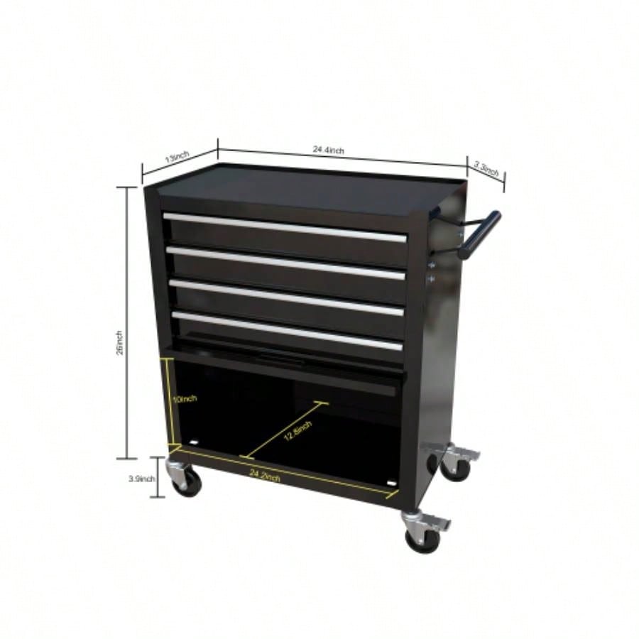 4 - Drawer Rrolling Box, 24.4 With 4 Wheels and Drawers With Tools, Garage, Warehouse, Workshop, Shop, BLACK