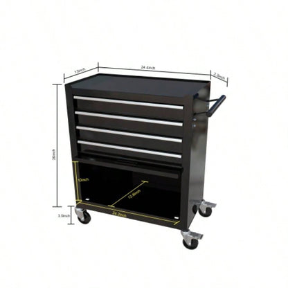 4 - Drawer Rrolling Box, 24.4 With 4 Wheels and Drawers With Tools, Garage, Warehouse, Workshop, Shop, BLACK