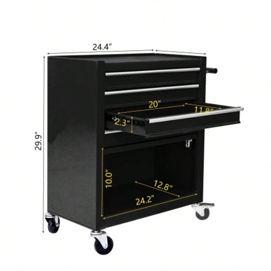 4 - Drawer Rrolling Box, 24.4 With 4 Wheels and Drawers With Tools, Garage, Warehouse, Workshop, Shop, BLACK