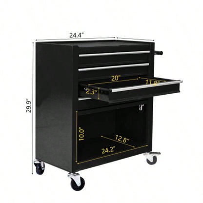 4 - Drawer Rrolling Box, 24.4 With 4 Wheels and Drawers With Tools, Garage, Warehouse, Workshop, Shop, BLACK