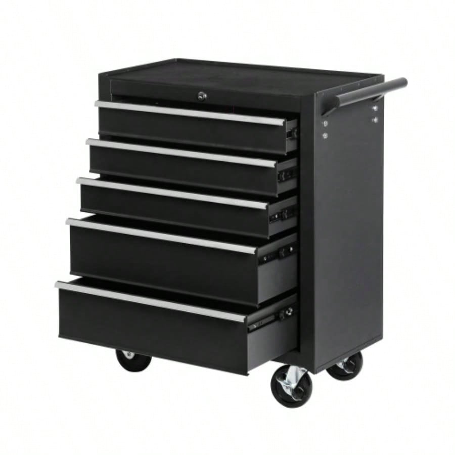 5 - Drawer Rolling Chest/Lock Key, Storage Cabinet with Wheels, Top Cushion Drawer Liners, Organizer Box Garage, Warehouse Repair Shop
