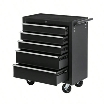 5 - Drawer Rolling Chest/Lock Key, Storage Cabinet with Wheels, Top Cushion Drawer Liners, Organizer Box Garage, Warehouse Repair Shop