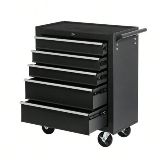 5 - Drawer Rolling Chest/Lock Key, Storage Cabinet with Wheels, Top Cushion Drawer Liners, Organizer Box Garage, Warehouse Repair Shop