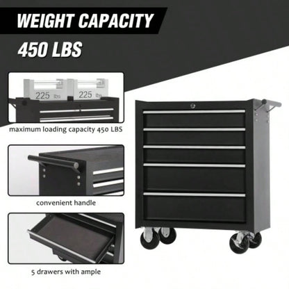 5 - Drawer Rolling Chest/Lock Key, Storage Cabinet with Wheels, Top Cushion Drawer Liners, Organizer Box Garage, Warehouse Repair Shop
