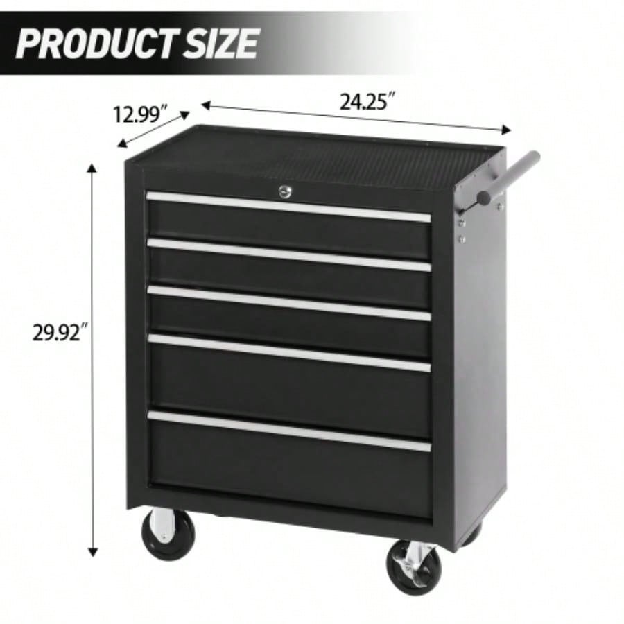 5 - Drawer Rolling Chest/Lock Key, Storage Cabinet with Wheels, Top Cushion Drawer Liners, Organizer Box Garage, Warehouse Repair Shop