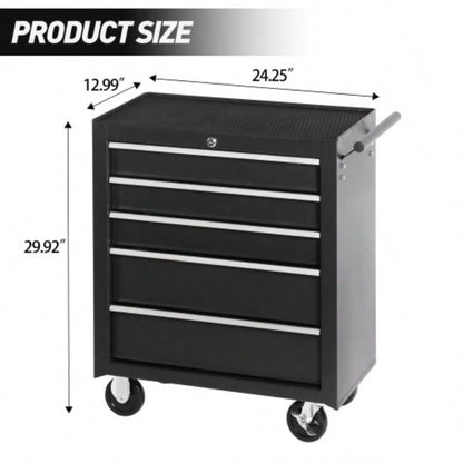 5 - Drawer Rolling Chest/Lock Key, Storage Cabinet with Wheels, Top Cushion Drawer Liners, Organizer Box Garage, Warehouse Repair Shop