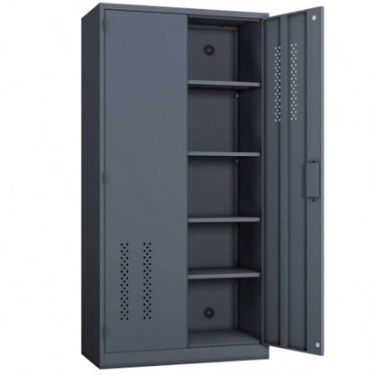Metal garage storage cabinet with 2 doors and 4 adjustable shelves - 71.96 - inch steel lockable file cabinet with pegboard interior, suitable home offices, garages, gyms, schools gray