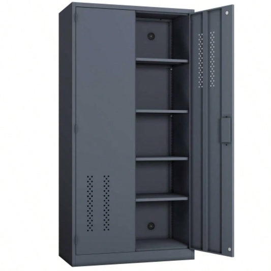 Metal garage storage cabinet with 2 doors and 4 adjustable shelves - 71.96 - inch steel lockable file cabinet with pegboard interior, suitable home offices, garages, gyms, schools gray