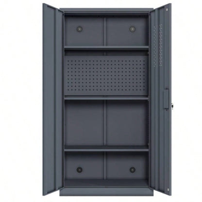 Metal garage storage cabinet with 2 doors and 4 adjustable shelves - 71.96 - inch steel lockable file cabinet with pegboard interior, suitable home offices, garages, gyms, schools gray