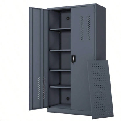 Metal garage storage cabinet with 2 doors and 4 adjustable shelves - 71.96 - inch steel lockable file cabinet with pegboard interior, suitable home offices, garages, gyms, schools gray
